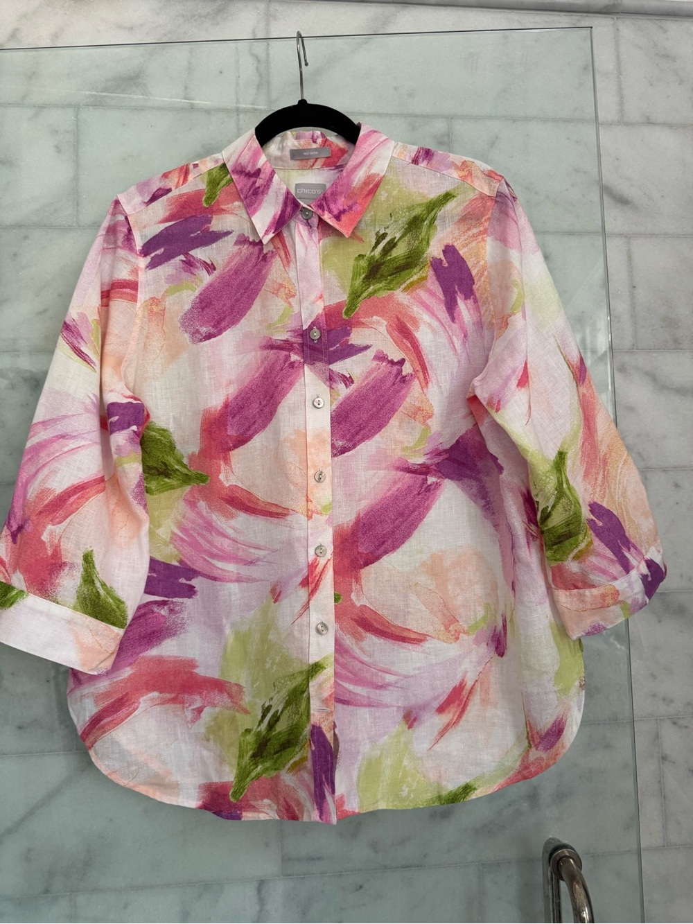 Chico’s 100% Linen No Iron Watercolor Floral Blouse Size 2 US 12